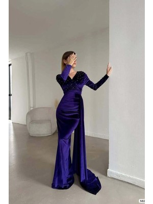 Defy Moda Kadın Özgün Tasarım Esnek Kadife Kumaş Kruvaze Yaka Kuyruklu Abiye Elbise