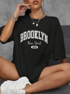 Pileli Store Baskılı Oversize Bisiklet Yaka T-Shirt - Siyah