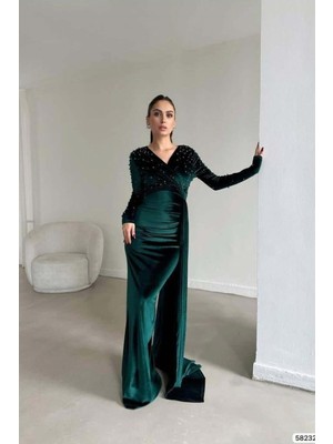 Defy Moda Kadın Özgün Tasarım Esnek Kadife Kumaş Kruvaze Yaka Kuyruklu Abiye Elbise