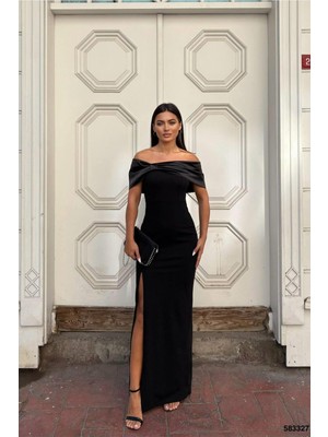 Defy Moda Kadın Minimal Esnek Saten Kumaş Carmen Yaka Yırtmaçlı Abiye Elbise