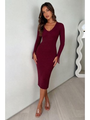 Defy Moda Kadın Şık Detay V Yaka Midi Uzun Kollu Abiye Elbise