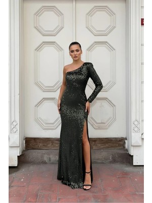 Defy Moda Kadın Şık Model Kadife Kumaş Asimetrik Yaka Payetli Uzun Kollu Elbise