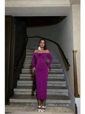 Defy Moda Kadın Modern Stil Kayık Yaka Drapeli Midi Uzun Kollu Abiye Elbise
