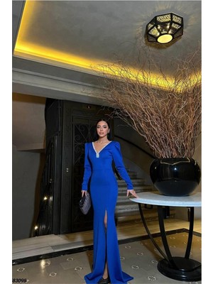 Defy Moda Kadın V Yaka Taş Detaylı Uzun Kollu Abiye Elbise