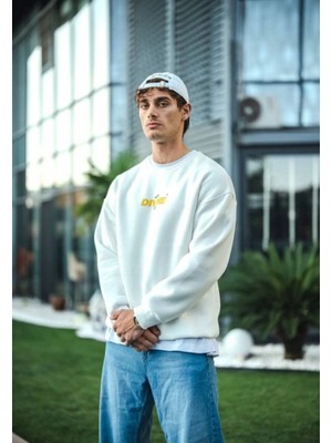 Pileli Store Kışlık Bisiklet Yaka Baskılı Sweatshirt - Beyaz