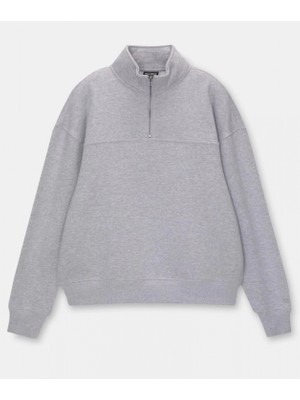 Pileli Store Oversize Yarım Farmuarlı Yakalı Basic Sweatshirt - Gri