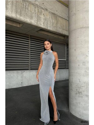Defy Moda Kadın Bisiklet Yaka Yırtmaçlı Balık Kesim Abiye Elbise