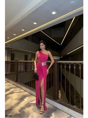 Defy Moda Kadın Sandy Kumaş Tek Omuz Balık Kesim Abiye Elbise