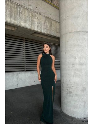 Defy Moda Kadın Bisiklet Yaka Yırtmaçlı Balık Kesim Abiye Elbise