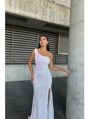Defy Moda Kadın Kadife Kumaş Asimetrik Yaka Payetli Abiye Elbise