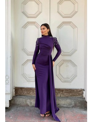 Defy Moda Kadın Şık Detay Dik Yaka Taş Detaylı Uzun Kollu Elbise