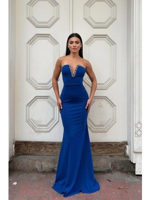 Defy Moda Kadın Krep Kumaş V Yaka Balık Kesim Abiye Elbise