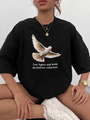 Pileli Store Unisex Bisiklet Yaka Baskılı Oversize T-Shirt - Siyah