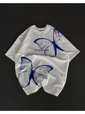 Pileli Store Unisex Bisiklet Yaka Baskılı Oversize T-Shirt - Beyaz