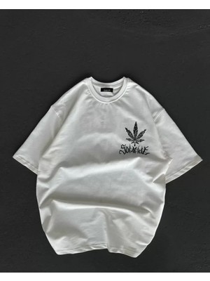 Pileli Store Unisex Bisiklet Yaka Baskılı Oversize T-Shirt - Beyaz