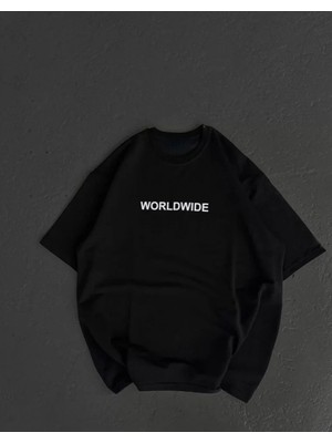 Pileli Store Unisex Bisiklet Yaka Baskılı Oversize T-Shirt - Siyah