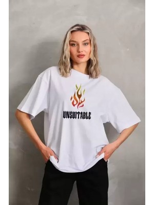 Pileli Store Unisex Bisiklet Yaka Baskılı Oversize T-Shirt - Beyaz