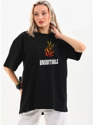 Pileli Store Unisex Bisiklet Yaka Baskılı Oversize T-Shirt - Siyah