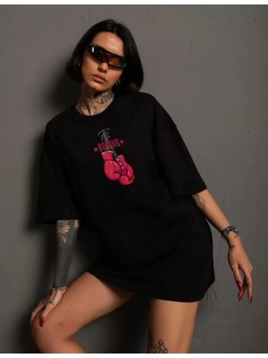 Pileli Store Unisex Bisiklet Yaka Baskılı Oversize T-Shirt - Siyah