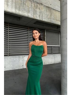 Defy Moda Kadın Esnek Likralı Kumaş Straplez Maxi Abiye Elbise