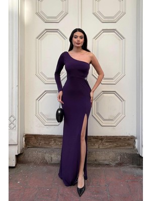 Defy Moda Kadın Zarif Stil Simli Kumaş Asimetrik Yaka Drapeli Tek Kollu Elbise