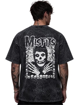 Sevbano Misfits Rock Metal Müzik Grubu Baskılı Unisex Oversize Eskitme Yıkamalı Tişört