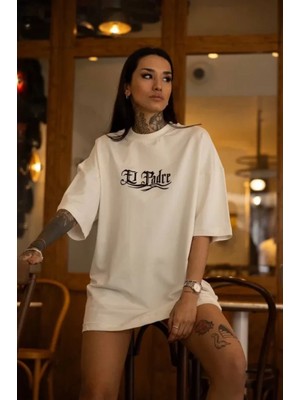 Pileli Store Unisex Bisiklet Yaka Baskılı Oversize T-Shirt - Beyaz