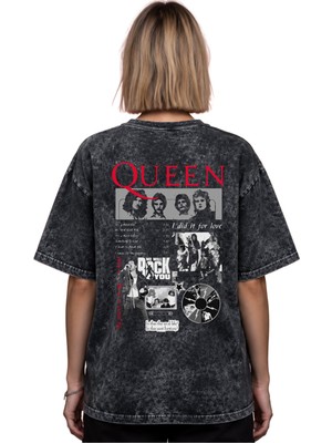 Sevbano Queen Müzik Grubu Baskılı Unisex Oversize Eskitme Yıkamalı Tişört