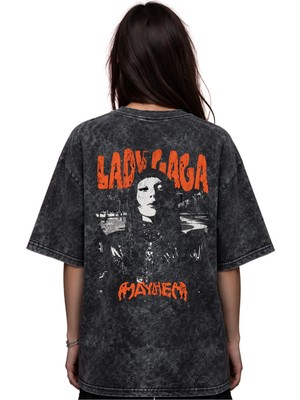 Sevbano Lady Gaga Şarkıcı Baskılı Unisex Oversize Eskitme Yıkamalı Tişört