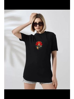 Pileli Store Unisex Bisiklet Yaka Baskılı T-Shirt - Siyah