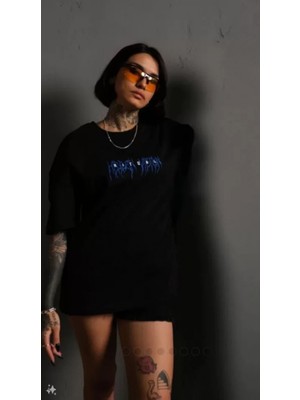 Pileli Store Unisex Bisiklet Yaka Baskılı Oversize T-Shirt - Siyah