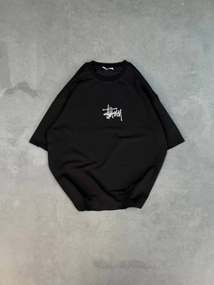 Pileli Store Unisex Bisiklet Yaka Baskılı Oversize T-Shirt - Siyah