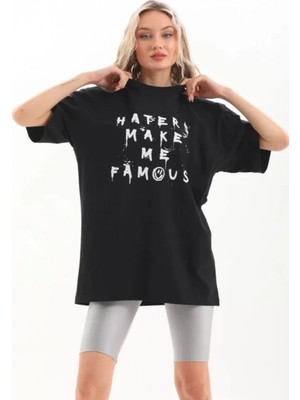 Pileli Store Unisex Baskılı Oversize T-Shirt - Siyah