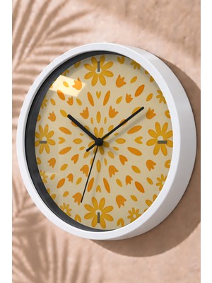 JHAAR Sarı Küçük Çiçekli Modern Duvar Saati - Orta Boyut 25 cm - Beyaz Kasa - Camlı Sessiz