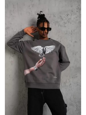 Pileli Store Erkek Güvercin Baskılı Sweatshirt - Gri