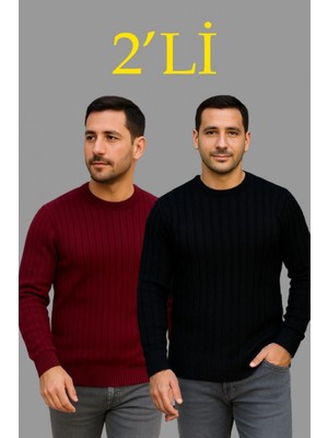 Pileli Store Erkek Fitilli Triko Kazak 2’li Set – Siyah - Bordo, Kalın Dokuma Pamuklu Regular Fit Bisiklet Yaka Uzun Kollu Rahat Kışlık Kazak Kombini