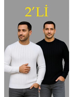 Pileli Store Erkek Fitilli Triko Kazak 2’li Set – Siyah - Beyaz, Kalın Dokuma Pamuklu Regular Fit Bisiklet Yaka Uzun Kollu Rahat Kışlık Kazak Kombini