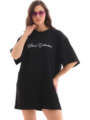 Pileli Store Unisex Bisiklet Yaka Baskılı Oversize T-Shirt - Siyah
