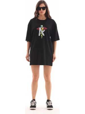 Pileli Store Unisex Bisiklet Yaka Baskılı Oversize T-Shirt - Siyah