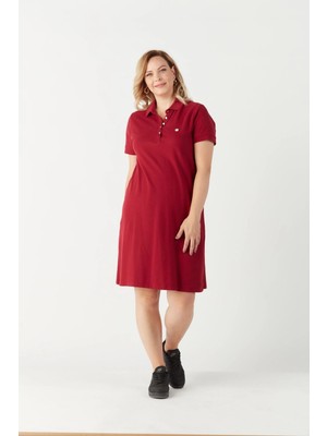 Moda Berray 3010 Bordo Günlük Tarz Lacoste Kumaş Büyük Beden Elbise