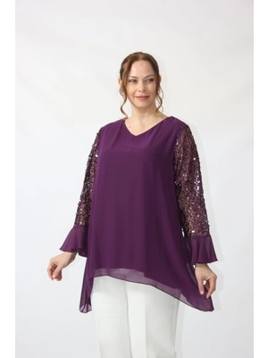 Moda Berray 1939 Mürdüm Kolu Pullu Şifon Büyük Beden Şık Bluz