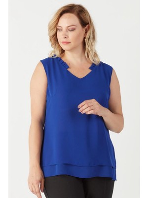 Moda Berray 3241 Yaka Fırfırlı Kolsuz Büyük Beden Şık Bluz Saks