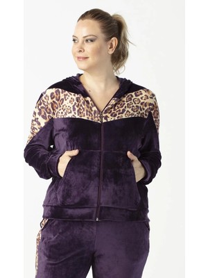Moda Berray 1927 Leopar Detaylı Mürdüm Tam Kalıp Tarz Kapüşonlu Kadife Büyük Beden Eşofman Takımı