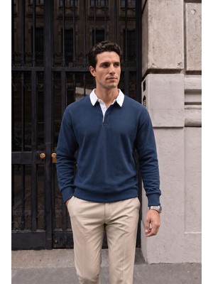 Valiberta Luis Polo Yaka Selanik Örme Kumaş Erkek Sweatshirt - İndigo