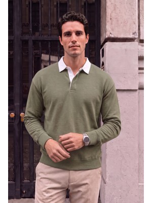 Luis Polo Yaka Selanik Örme Kumaş Erkek Sweatshirt - Açık Haki