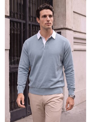 Valiberta Luis Polo Yaka Selanik Örme Kumaş Erkek Sweatshirt - Soğuk Mavi