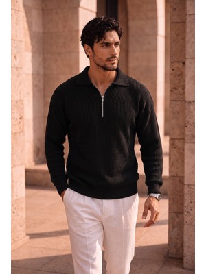 Gibson Oversize Yarım Fermuar Gömlek Polo Yaka Selanik Örme Erkek Triko Kazak - Siyah