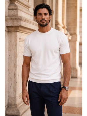 Valiberta Kwon Bisiklet Yaka Basic Kısa Kollu Ince Triko Erkek T-Shirt - Ekru