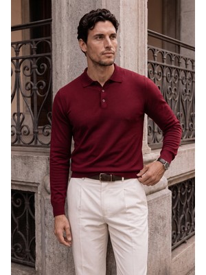 Valiberta Portofino Premium Düğmeli Polo Yaka Ince Erkek Triko Kazak - Bordo