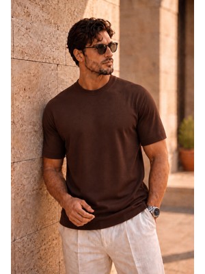 Valiberta Kwon Bisiklet Yaka Basic Kısa Kollu Ince Triko Erkek T-Shirt - Kahve